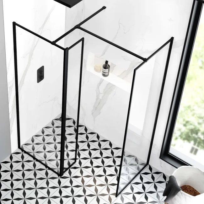 Munich Matt Black Framed 8mm Walk In Shower Enclosure 700mm & 700mm Glass with Pivotal Return Panel