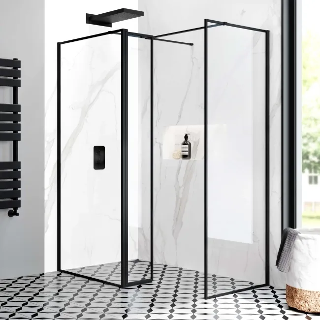 Munich Matt Black Framed 8mm Walk In Shower Enclosure 900mm & 700mm Glass with Pivotal Return Panel