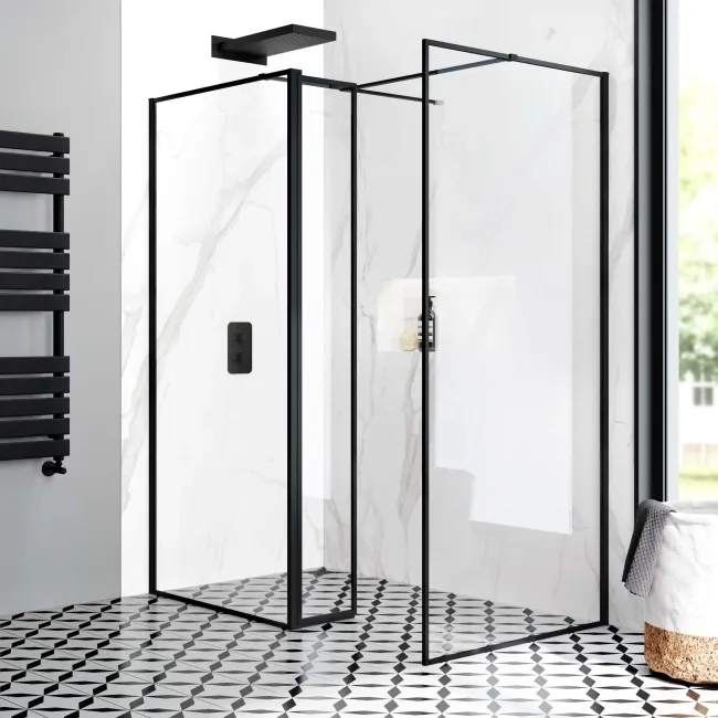 Munich Matt Black Framed 8mm Walk In Shower Enclosure 900mm & 900mm Glass with Pivotal Return Panel