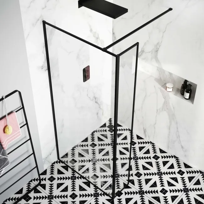 Munich Matt Black Framed 8mm Wet Room Shower Glass 1100mm & 250mm Return Panel