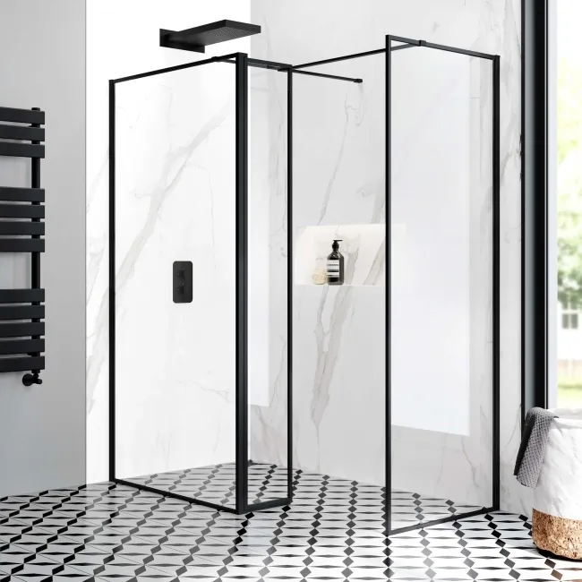 Munich Matt Black Framed 8mm Walk In Shower Enclosure 1100mm & 800mm Glass with Pivotal Return Panel