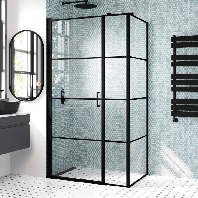 Toulon Matt Black Grid Easy Clean 6mm Pivot Shower Enclosure 1100x700mm