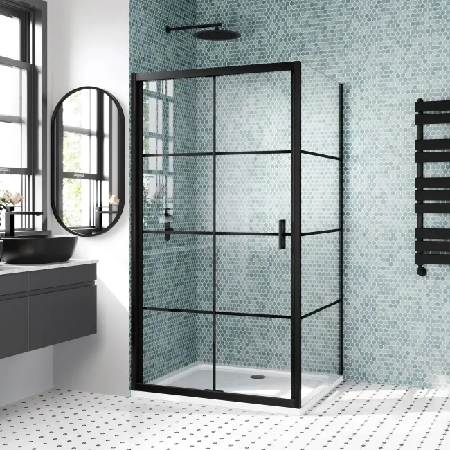 London Matt Black Grid 6mm Bifold Shower Enclosure 1000x800mm