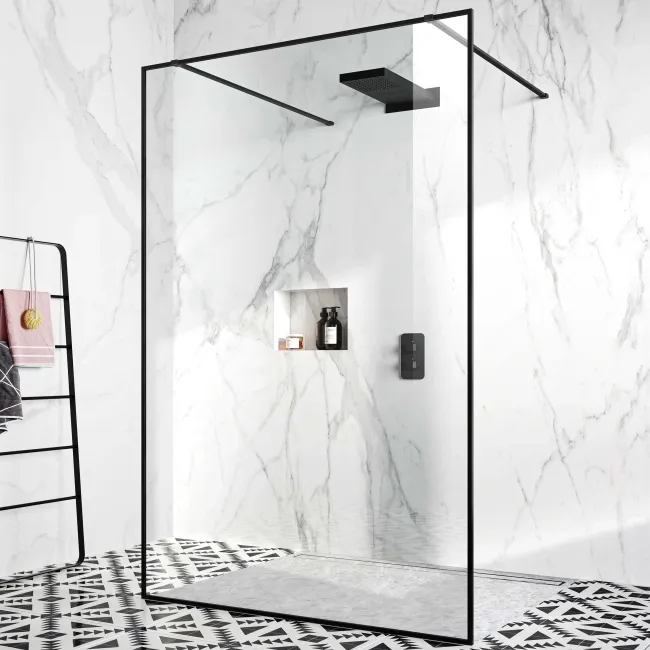 Munich Matt Black Framed 8mm Walk Through Wet Room Shower Glass Panel 1400mm