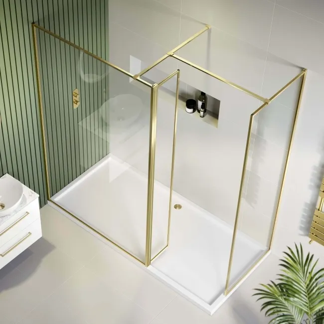 Munich Brushed Brass Framed 8mm Walk In Shower Enclosure 1200mm & 700mm Glass with Return Panel