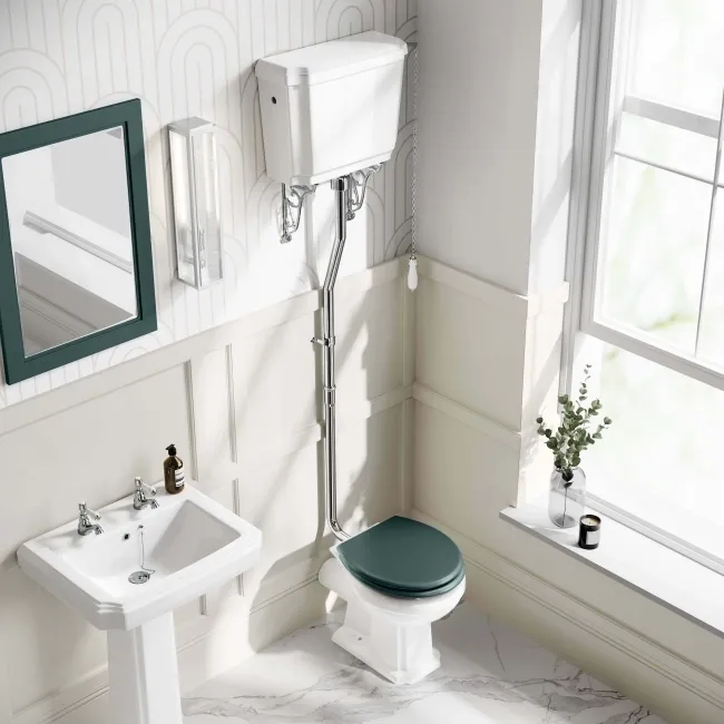 Hudson Traditional High-Level Toilet With Midnight Green Seat & Pedestal Basin - Double Tap Hole