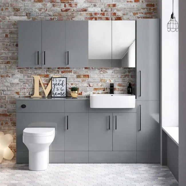 Harper Stone Grey Wall Hung Cabinet 600x600mm - Black Accents