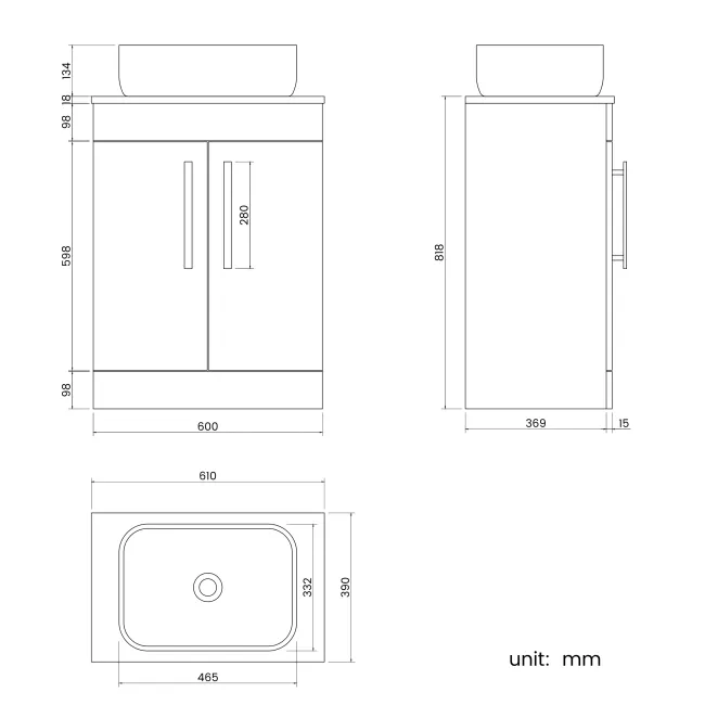 Avon Gloss White Vanity with Curved Counter Top Basin 600mm