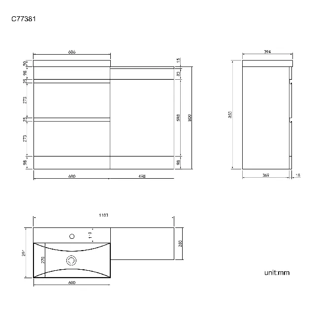Trent Stone Grey Basin Vanity Drawer and Back To Wall Unit 1100mm