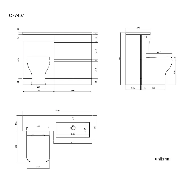 Trent Stone Grey Combination Basin Drawer and Atlanta Toilet 1100mm - Right Handed
