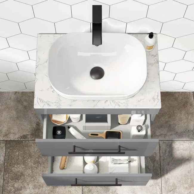 Avon Stone Grey Vanity Drawer with Marble Top & Curved Counter Top Basin 600mm - Black Accents
