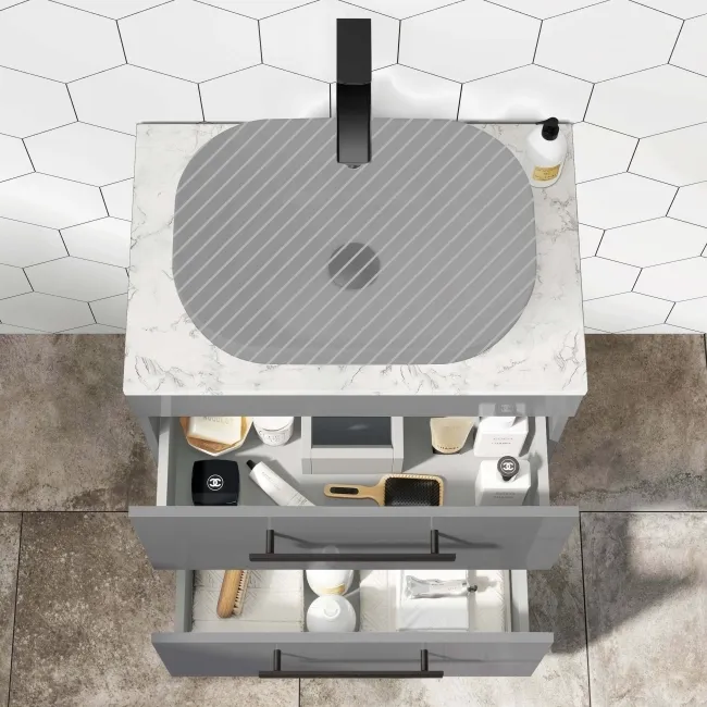 Avon Stone Grey Counter Top Vanity Drawer with Marble Top 600mm - Black Accents