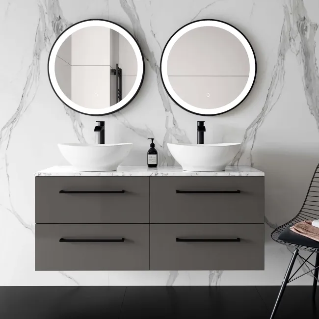 Elba Graphite Grey Double Wall Hung Drawer Vanity with Marble Top & Oval Counter Top Basin 1200mm - Black Accents