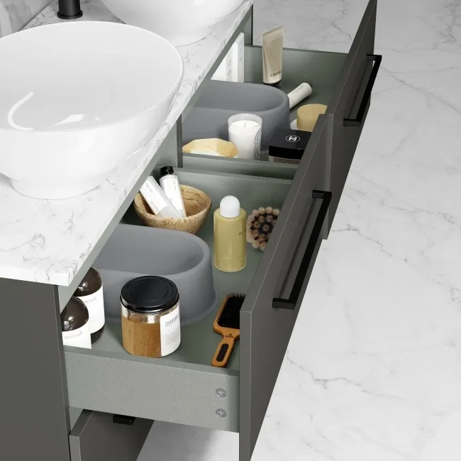 Elba Graphite Grey Double Wall Hung Drawer Vanity with Marble Top & Oval Counter Top Basin 1200mm - Black Accents