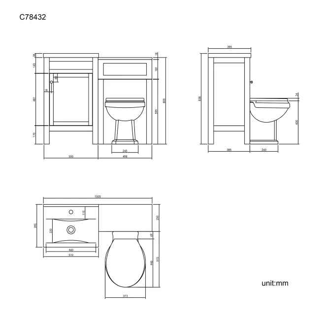 Bermuda Chalk White  Combination Vanity Basin and Hudson Toilet with Wooden Seat 1000mm