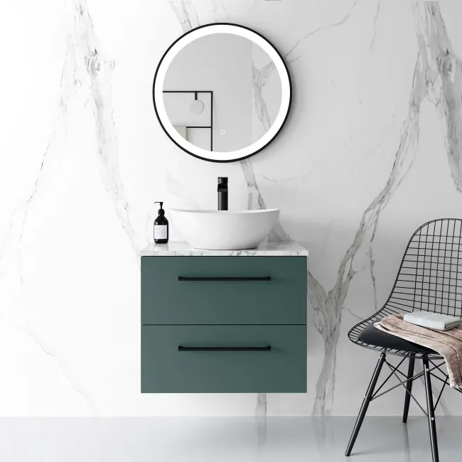 Elba Midnight Green Wall Hung Drawer Vanity with Marble Top & Oval Counter Top Basin 600mm - Black Accents