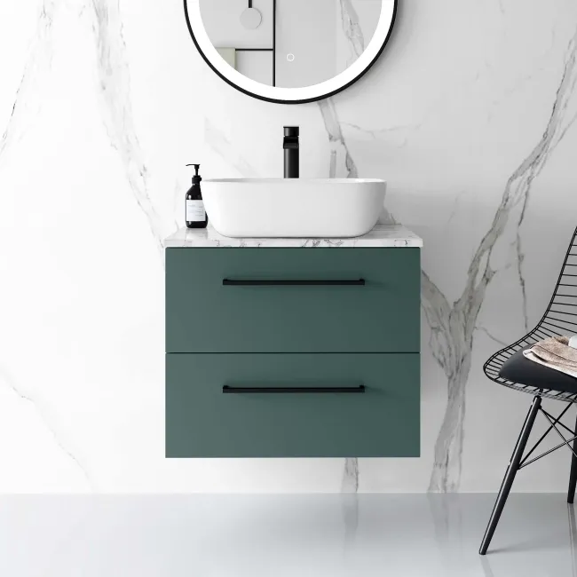 Elba Midnight Green Wall Hung Drawer Vanity with Marble Top & Curved Counter Top Basin 600mm - Black Accents