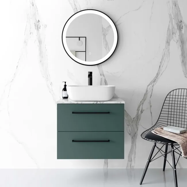 Elba Midnight Green Wall Hung Drawer Vanity with Marble Top & Curved Counter Top Basin 600mm - Black Accents