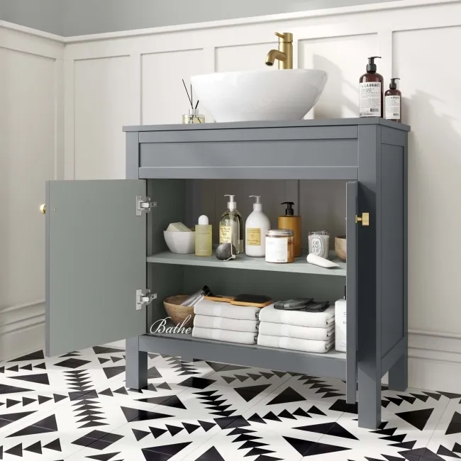 Bermuda Dove Grey Vanity with Oval Counter Top Basin 800mm - Brushed Brass Accents