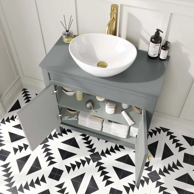 Bermuda Dove Grey Vanity with Oval Counter Top Basin 800mm - Brushed Brass Accents