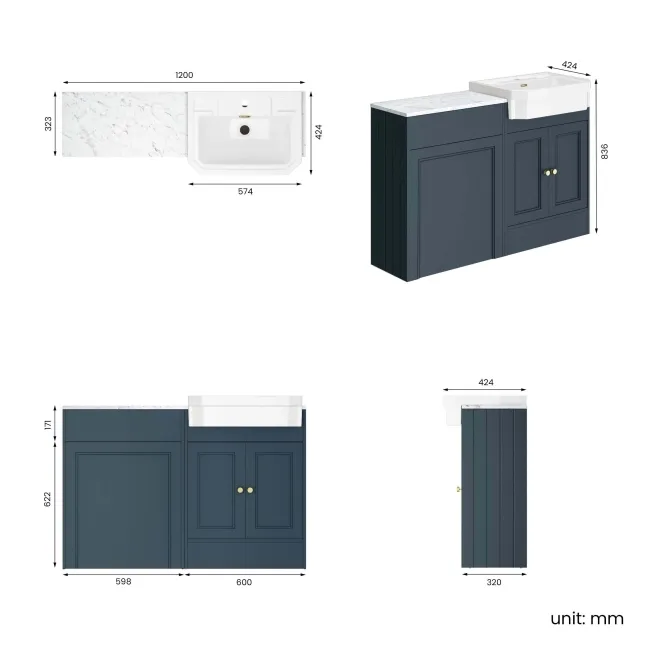 Monaco Inky Blue Combination Vanity Traditional Basin with Marble Top 1200mm (Excludes Pan & Cistern) - Brushed Brass Accents