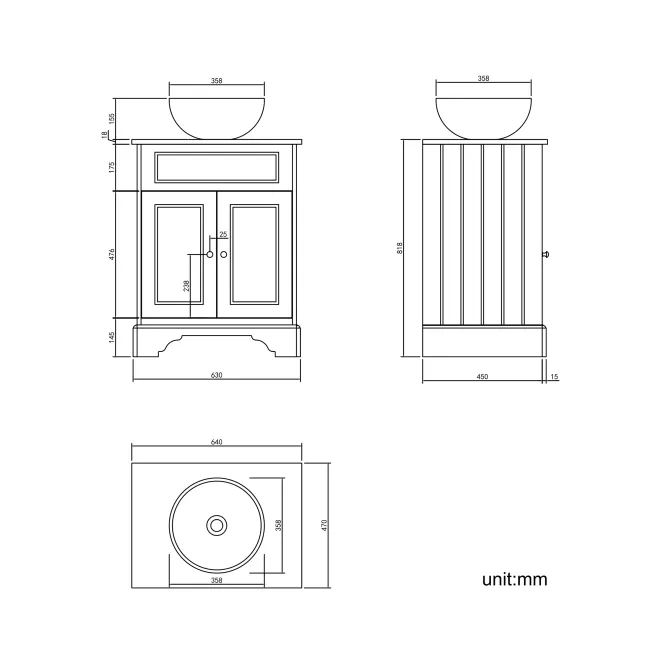 Lucia Graphite Grey Vanity with Oak Effect Top & Round Counter Top Basin 640mm - Brushed Brass Accents