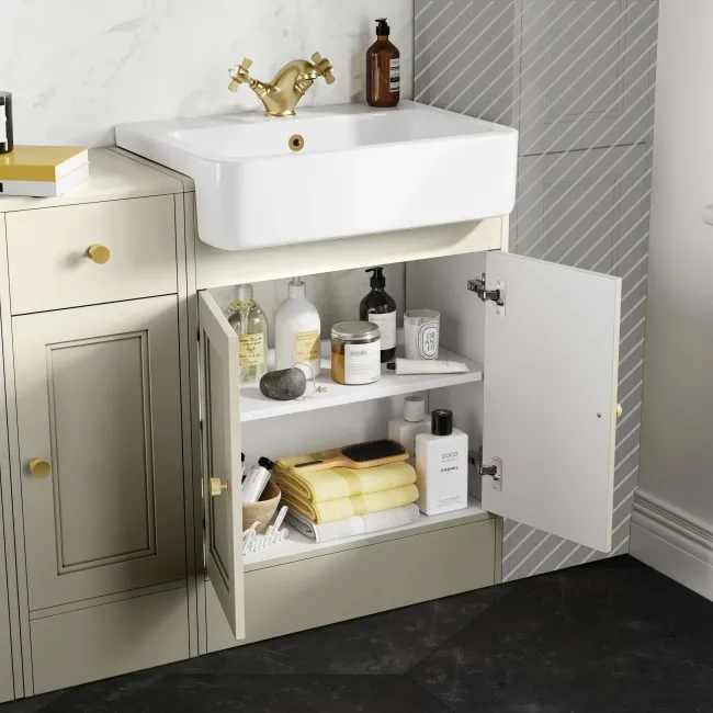 Monaco Chalk White Combination Vanity Basin and Hudson Toilet with Wooden Seat 1500mm - Brushed Brass Accents