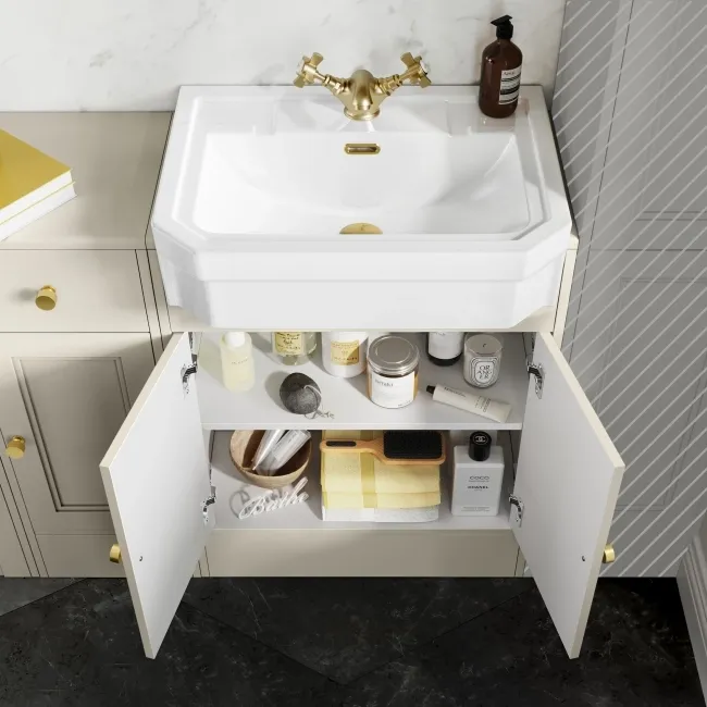 Monaco Chalk White Combination Vanity Traditional Basin and Boston Toilet 1500mm - Brushed Brass Accents