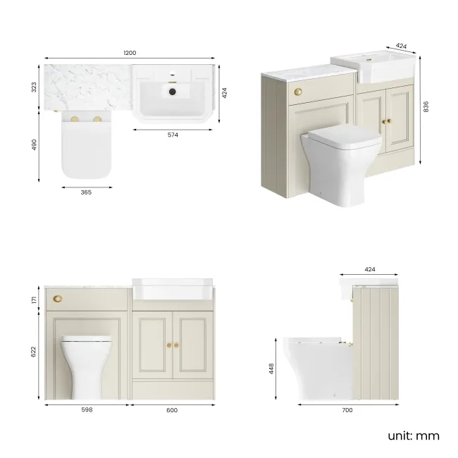 Monaco Chalk White Combination Vanity Traditional Basin with Marble Top & Atlanta Toilet 1200mm - Brushed Brass Accents
