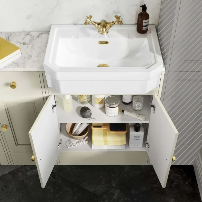 Monaco Chalk White Combination Vanity Traditional Basin with Marble Top and Seattle Toilet 1500mm - Brushed Brass Accents