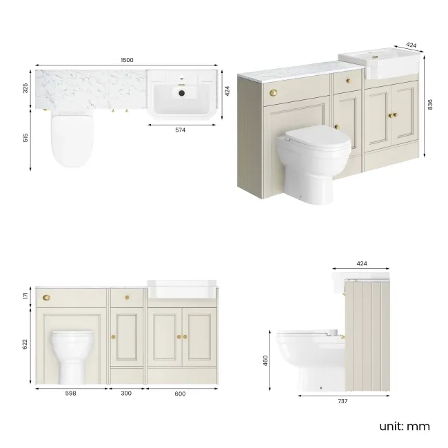 Monaco Chalk White Combination Vanity Traditional Basin with Marble Top and Seattle Toilet 1500mm - Brushed Brass Accents