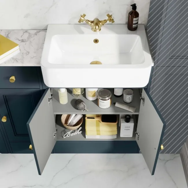 Monaco Inky Blue Combination Vanity Basin with Marble Top and Seattle Toilet 1500mm - Brushed Brass Accents