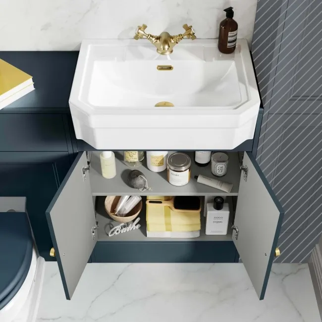 Monaco Inky Blue Combination Vanity Traditional Basin and Hudson Toilet with Wooden Seat 1200mm - Brushed Brass Accents