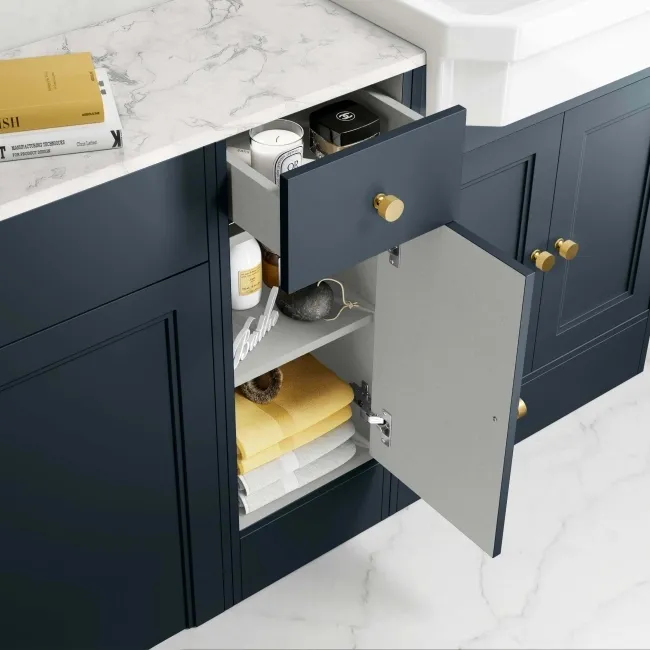 Monaco Inky Blue Combination Vanity Traditional Basin with Marble Top & Hudson Toilet with Wooden Seat 1500mm - Brushed Brass Accents