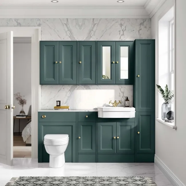 Monaco Midnight Green Combination Vanity Traditional Basin with Marble Top and Seattle Toilet 1500mm - Brushed Brass Accents
