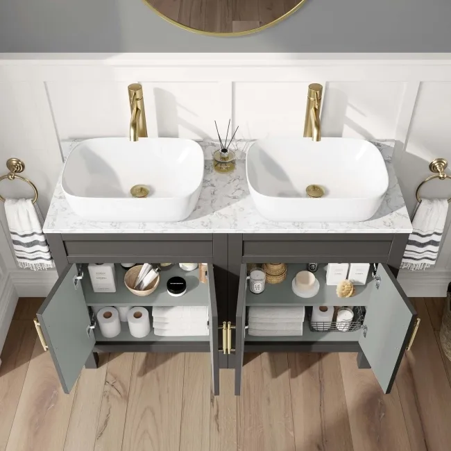 Bermuda Graphite Grey Vanity with Marble Top & Curved Counter Top Basin 1200mm - Brass Knurled Handles