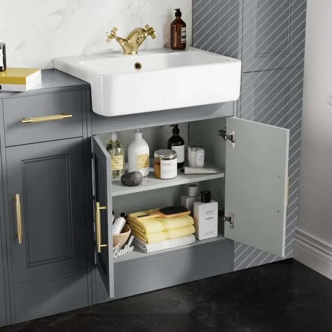 Monaco Dove Grey Combination Vanity Basin and Hudson Toilet with Wooden Seat 1500mm - Brass Knurled Handles