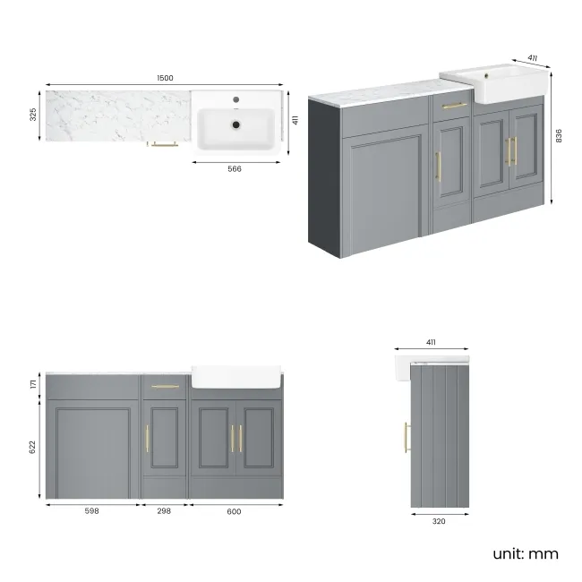 Monaco Dove Grey Combination Vanity Basin with Marble Top 1500mm (Excludes Pan & Cistern) - Brass Knurled Handles