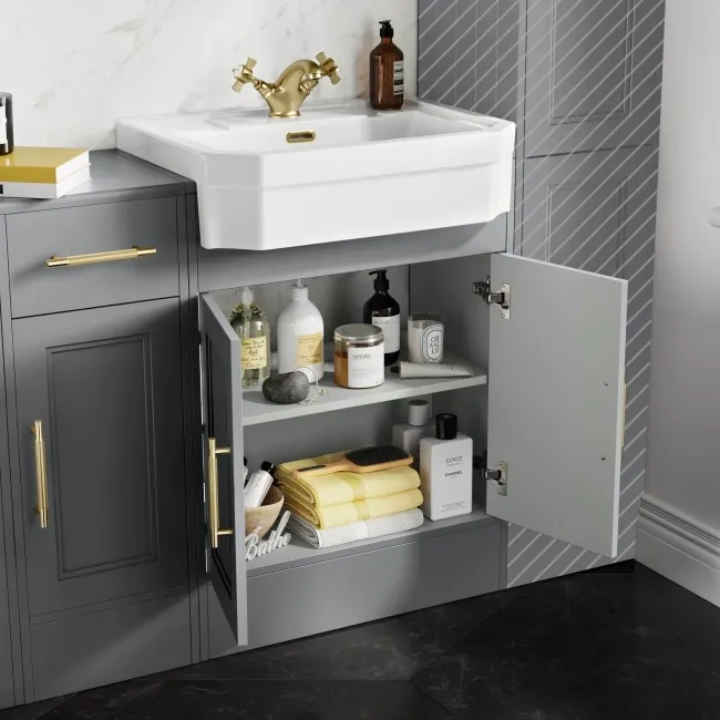 Monaco Dove Grey Combination Vanity Traditional Basin and Seattle Toilet 1500mm - Brass Knurled Handles