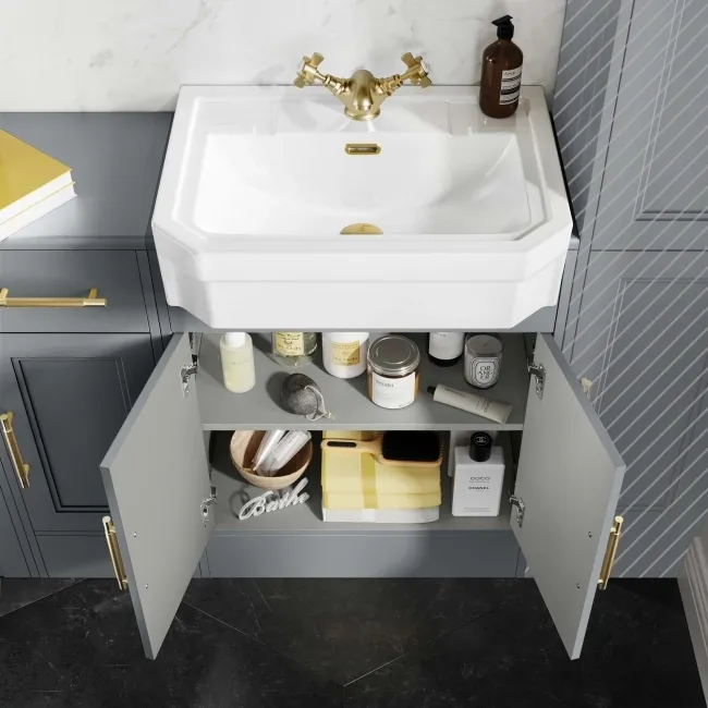 Monaco Dove Grey Combination Vanity Traditional Basin and Seattle Toilet 1500mm - Brass Knurled Handles