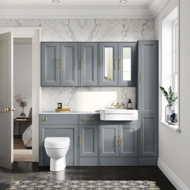 Monaco Dove Grey Combination Vanity Traditional Basin with Marble Top and Seattle Toilet 1500mm - Brass Knurled Handles