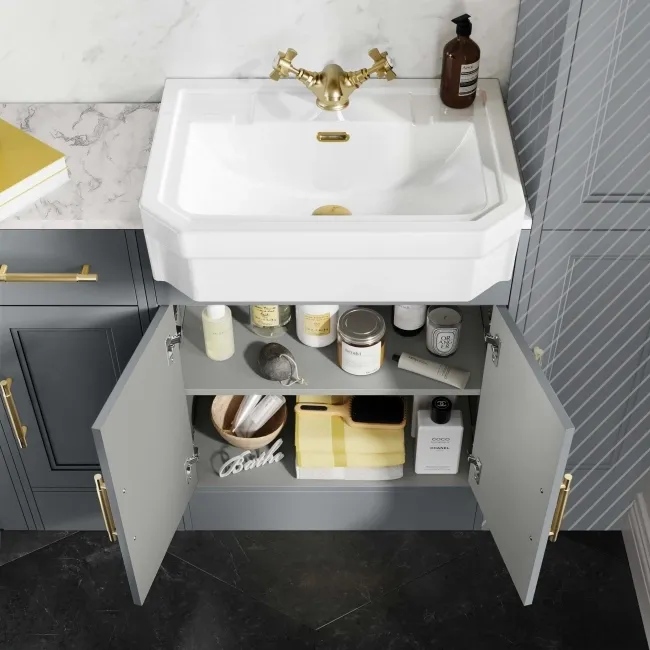 Monaco Dove Grey Combination Vanity Traditional Basin with Marble Top and Seattle Toilet 1500mm - Brass Knurled Handles