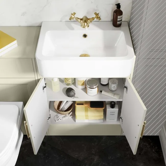 Monaco Chalk White Combination Vanity Basin and Seattle Toilet 1200mm - Brass Knurled Handles