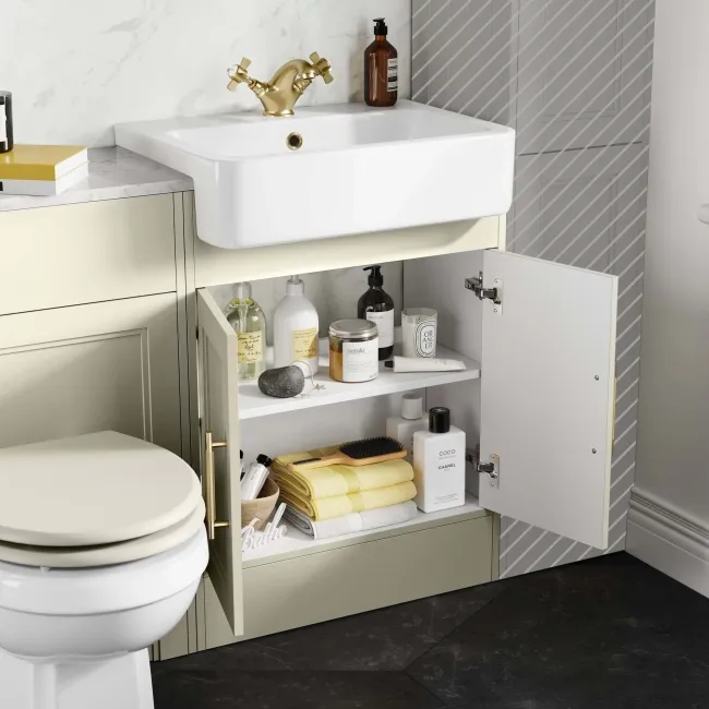 Monaco Chalk White Combination Vanity Basin with Marble Top & Hudson Toilet with Wooden Seat 1200mm - Brass Knurled Handles