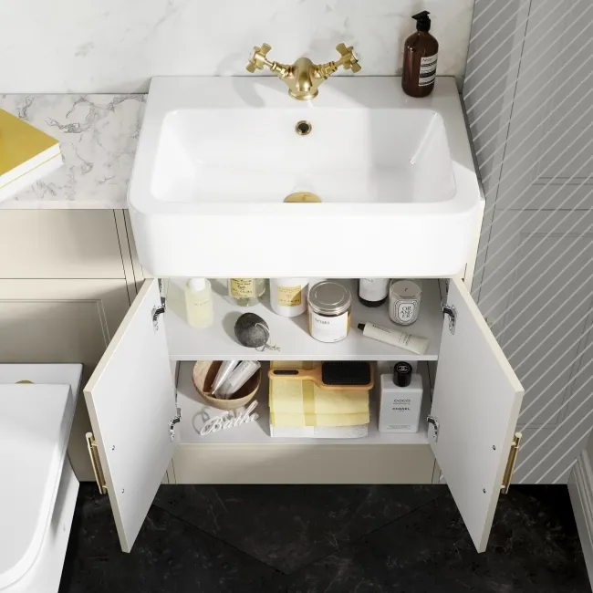 Monaco Chalk White Combination Vanity Basin with Marble Top & Atlanta Toilet 1200mm - Brass Knurled Handles