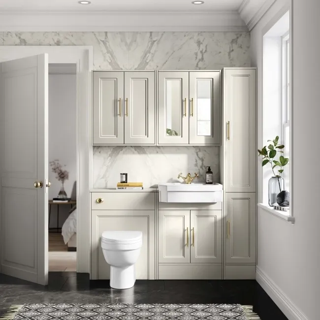 Monaco Chalk White Combination Vanity Traditional Basin and Seattle Toilet 1200mm - Brass Knurled Handles