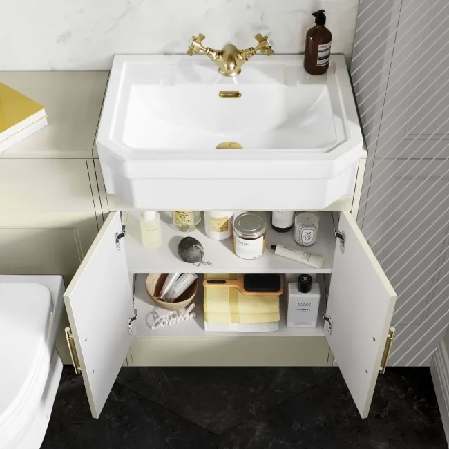 Monaco Chalk White Combination Vanity Traditional Basin and Seattle Toilet 1200mm - Brass Knurled Handles