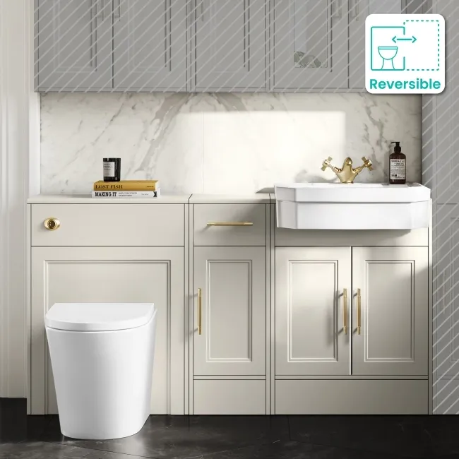 Monaco Chalk White Combination Vanity Traditional Basin and Boston Toilet 1500mm - Brass Knurled Handles