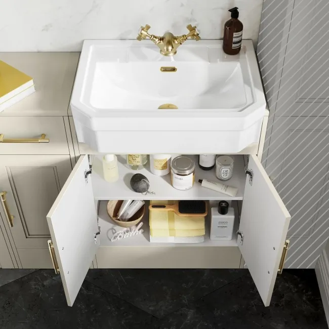 Monaco Chalk White Combination Vanity Traditional Basin and Boston Toilet 1500mm - Brass Knurled Handles