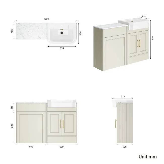 Monaco Chalk White Combination Vanity Traditional Basin with Marble Top 1200mm (Excludes Pan & Cistern) - Brass Knurled Handles